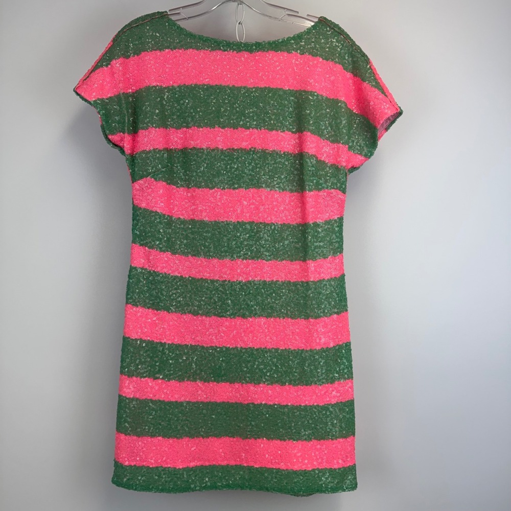 Lilly Pulitzer Pink Green Striped Sequin Shift Dress XS Short Sleeve Mini Party